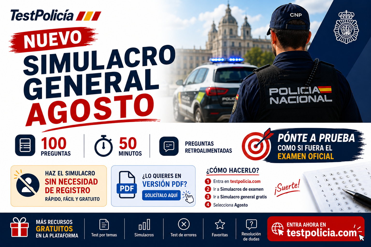 Simulacro GRATIS de 100 preguntas: 100 preguntas para sacar tu plaza de Policía Nacional